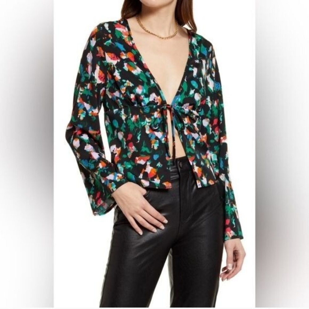 Open Edit Tie Front Top Women Large Black Multi Color Abstract Bell Sleeve